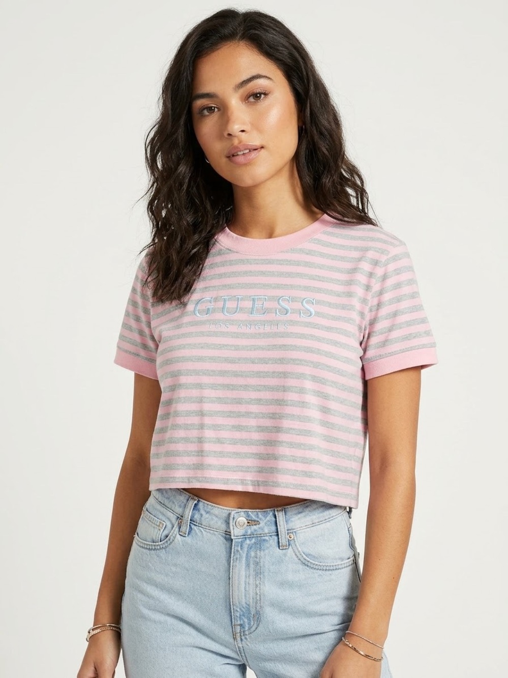 GUESS Los Angeles Striped Embroidered Logo Boxy Crop Top Crewneck